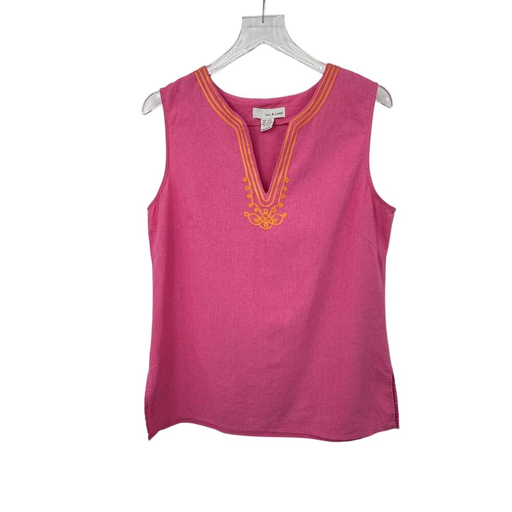 Lucy & Laurel linen blouse large embroidered sleeveless tank top pink orange